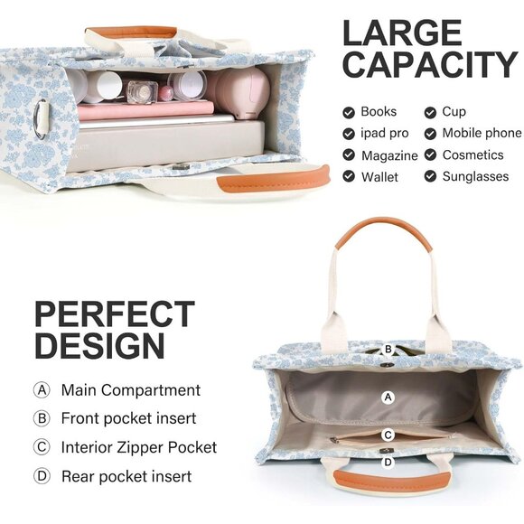 Elegant Women's Canvas Tote Bag with Multi Pockets - Perfect for Work & Travel - Picture 4 of 6